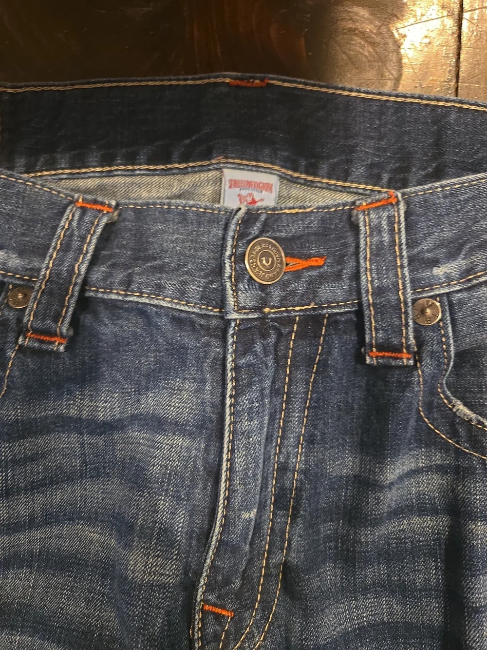 True Religion Ricky Straight Jeans Men 36 Blue Red Stitch 100% Cotton Rigid